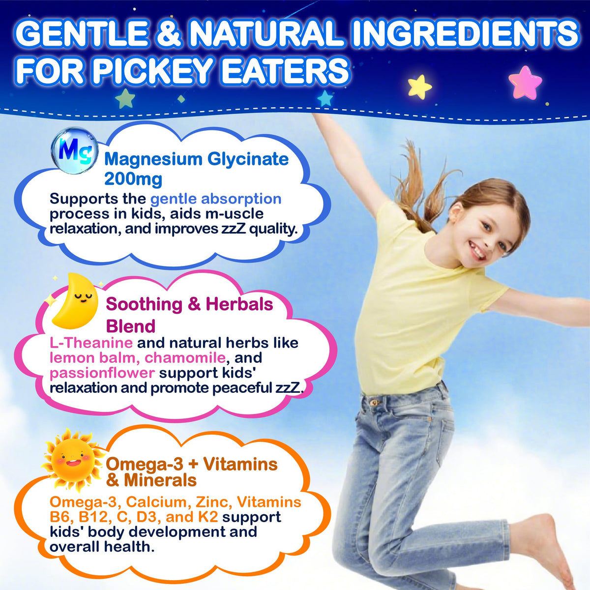 Kids Magnesium Glycinate Gummies - Magnesium Glycinate Supplement 200mg with L-theanine Omega-3 Calcium Vitamin D3 & B12 for Kids Natural Zzz at Bedtime & Overall Health