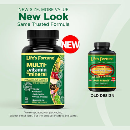 Life's Fortune Whole Food Multivitamin & Mineral Supplement for Men & Women – Energy Support Vitamins for Immune, Brain & Metabolism Support – Iron Free, 270 Vegetarian Tablets