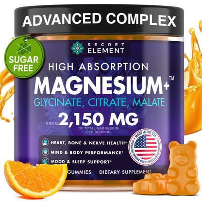 Secret Element Magnesium Glycinate 2150MG Gummies for Women and Men, High Absorption Magnesium Glycinate, Citrate, Malate Gummies for Adults & Kids, Sleep Support