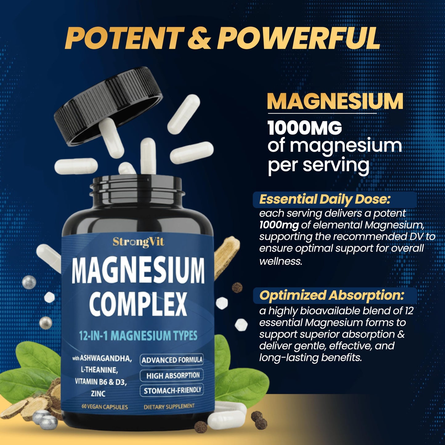 1000mg Magnesium Complex for Women and Men, 12 in 1 Magnesium Supplement with Ashwagandha, Zinc, D3, L-theanine. Easy to Swallow, High Absorption, Sleep Support & Stress Relief (60 Capsules) StrongVit buy supplements Au