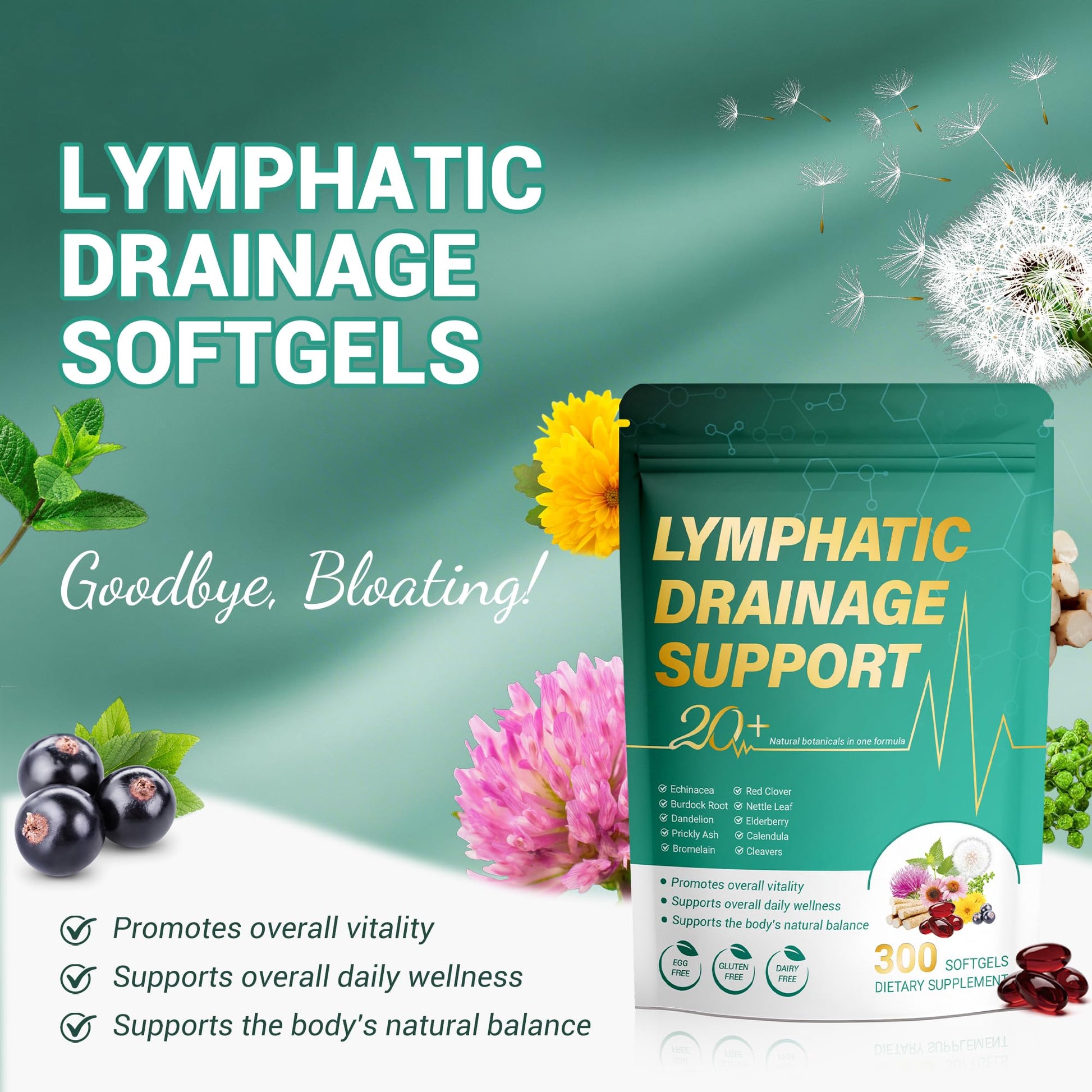 Kaseano Lymphatic Drainage Supplement 300 Softgels 21-in-1 Herbal Blend with Echinacea, Dandelion, Burdock Root Lymph System Support Fluid Balance & Immune System for Women & Men Kaseano buy supplements Au