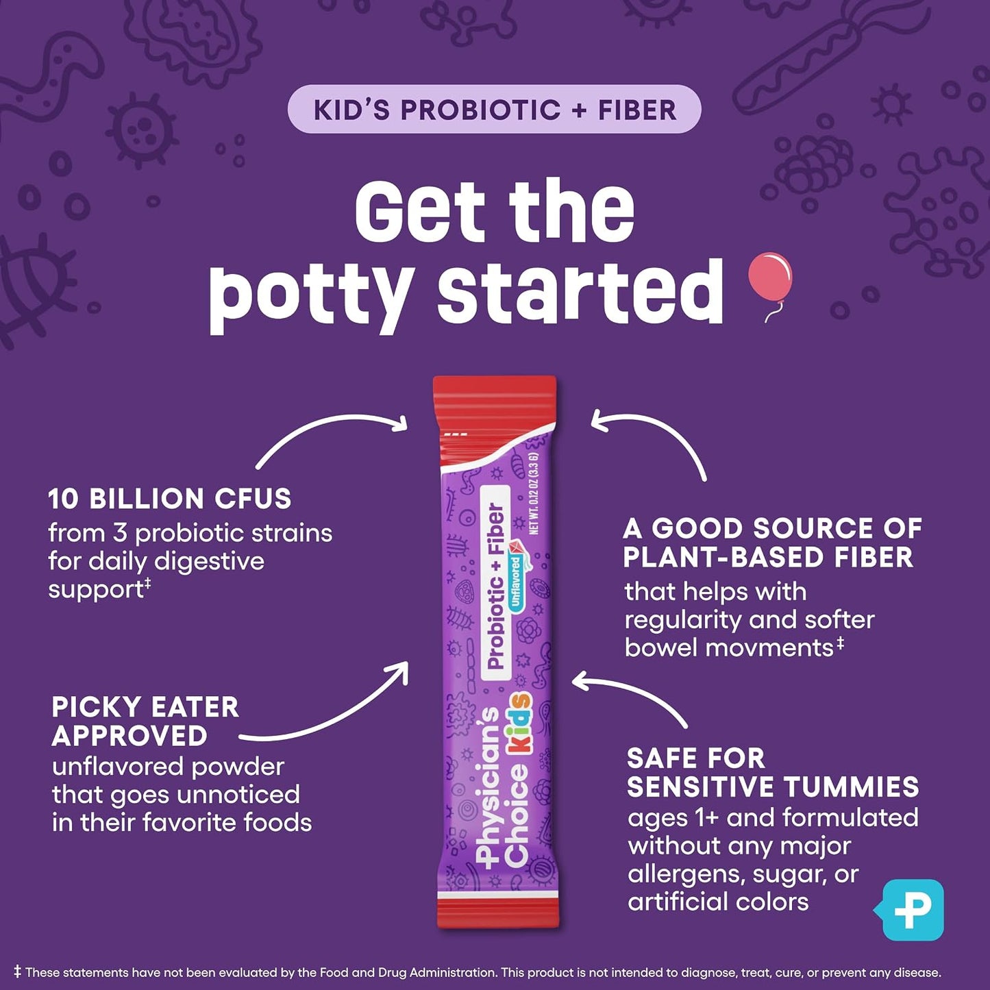 Physician's Choice Kids Probiotic + Prebiotic Fiber Packets (Ages 1+) - Supports Regularity, Occasional Constipation & A Healthy Digestive System - No Allergens or Preservatives - Unflavored - 24 Pack