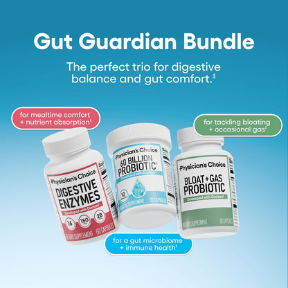 Physician's CHOICE Gut Guardian Bundle: 60 Billion Probiotic 30ct + Bloat & Gas Probiotic 30ct + Digestive Enzymes 60ct