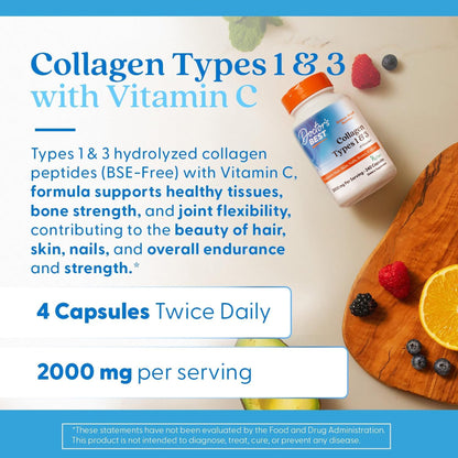 Doctor's Best Collagen Types 1 & 3 with Vitamin C, Non-GMO, Gluten Free, Soy Free, Supports Hair, Skin, Nails, Tendons & Bones, 500 mg, 240 Caps (DRB-00263) Doctor's BEST buy supplements Au