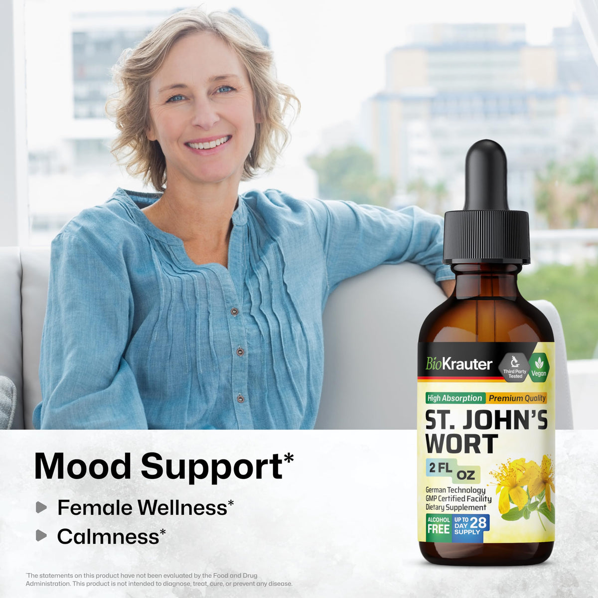 BIO KRAUTER® St Johns Wort for Calm & Mood Support - Vegan St. John's Wort for Relaxation & Emotional Wellness Support - Calm Drops 2 Fl.Oz., 28-Day Supply, Alcohol & Sugar Free Herbal Supplements