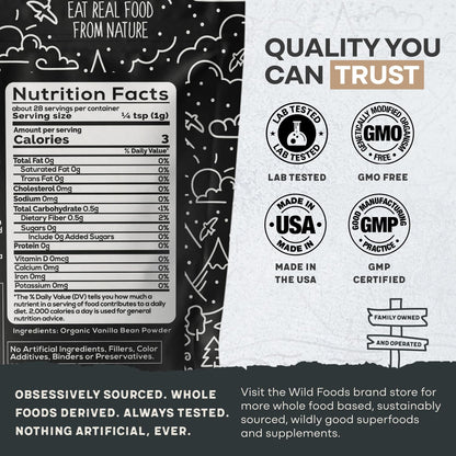 Wild Foods Organic Vanilla Bean Powder - All Natural Pure Vanilla from Madagascar - For Baking Cooking Coffee Flavoring & Smoothies - Unsweetened Gluten Free Non GMO Superfood (1 ounce)