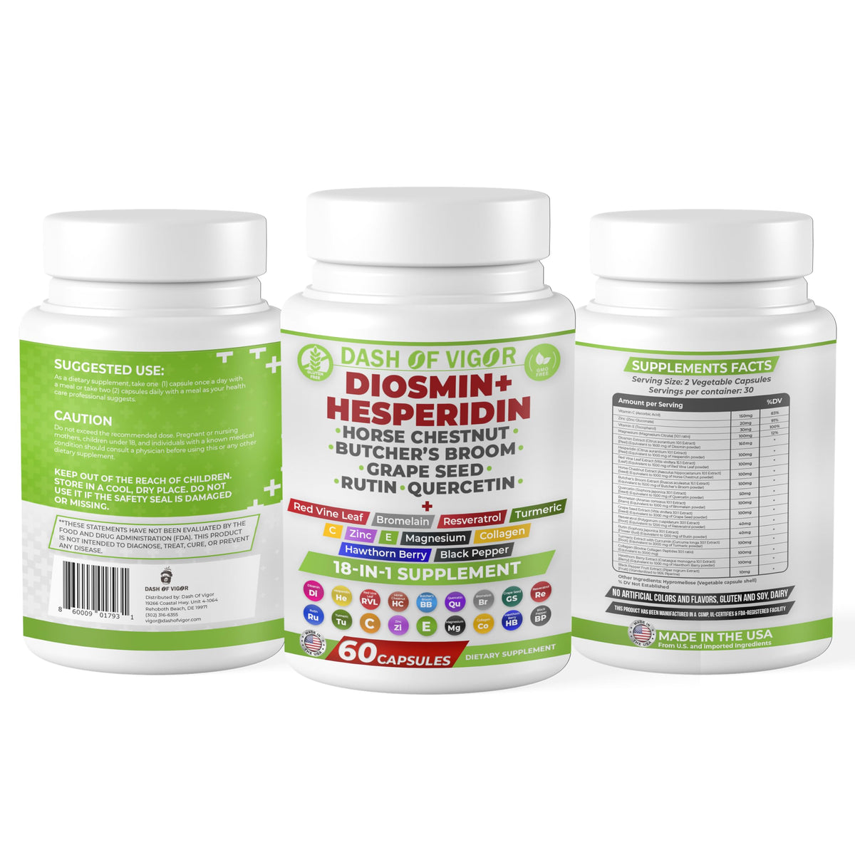 Dash of Vigor 18-in-1 Diosmin Hesperidin Supplement, Quercetin with Bromelain, Zinc, Vitamin C with Rutin Supplement, Horse Chestnut Extract, Butcher's Broom Extract, USA, 60 Capsules DASH OF VIGOR DOFVBuy Supplements Australia