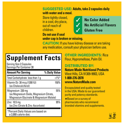Nature Made Magnesium Complex Supplement with Vitamin D & Zinc for Immune Support, Magnesium Glycinate, Malate, Citrate & Oxide for Muscle, Nerve, Heart & Bone Support, 60 Capsules, 30 Day Supply Nature Made buy supplements Au