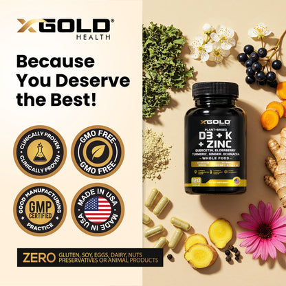 Vitamin D, K2, K1, Zinc, Quercetin, Elderberry, Turmeric, Ginger & Echinacea Whole Food Supplement 8 in 1- D3 5000 IU Plant-Based from Lichen, Vitamin K (K2 MK7, MK4, K1)