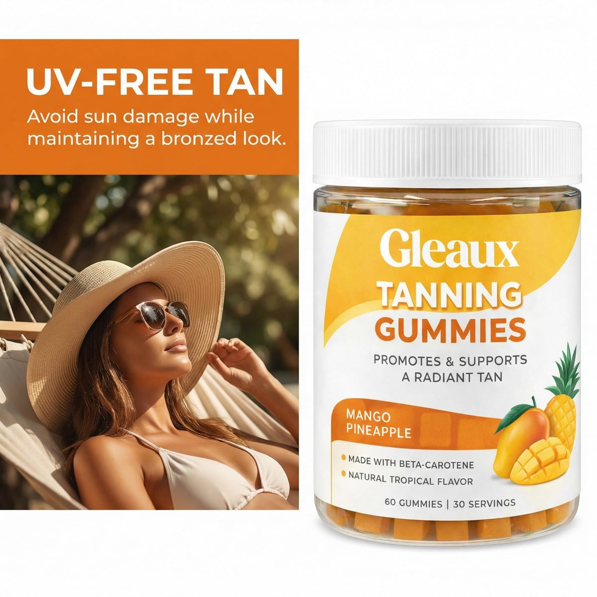 DXWXH Gleaux Tanning Gummies, Tanning Gummies for Women, Sunless Radiance Support with Beta Carotene, Astaxanthin & Lycopene, for Skin Health & Complexion Support, Mango Pineapple Flavor, 60 Gummies DXWXH buy supplements Au