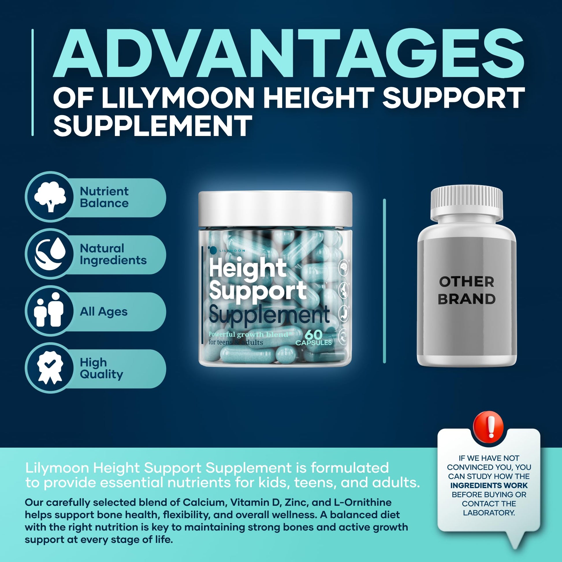 Height & Bone Support Supplement - Premium Height Growth Supplement for Kids & Teens with Calcium - Nutritional Support Bone Health Formula - Height Increase Essential Vitamins - 60 Caps LM LILYNUTRAMOON buy supplements Au