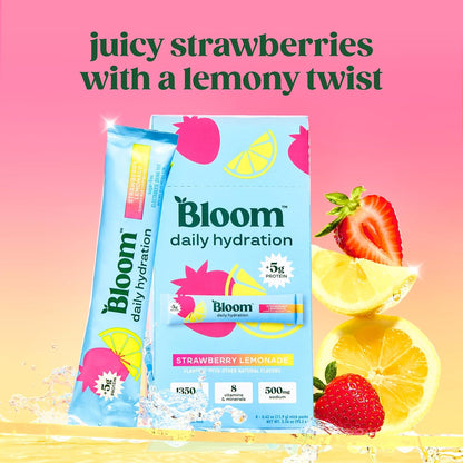 Bloom Nutrition Hydration Electrolyte Sticks, Strawberry Lemonade, 5 Count | Electrolytes with Collagen, 5g Protein, Vitamins & Minerals, Sugar Free Drink Mix