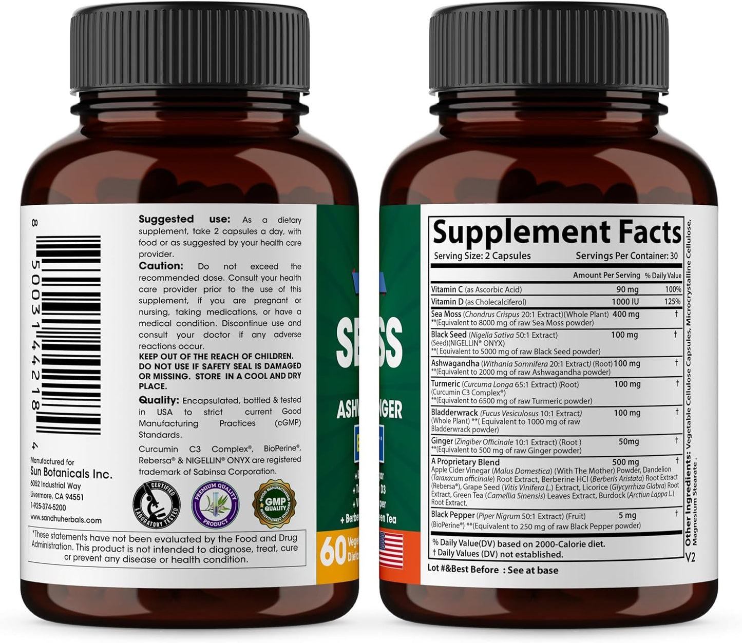 Sandhu Herbals Seamoss & Turmeric Curcumin with Bioperine Capsules | Supports Immune, Digestive, Cognitive, Skin & Hair Health