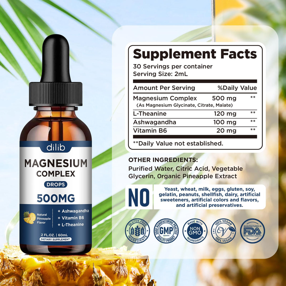 Triple Magnesium Complex Supplement-Magnesium Glycinate, Citrate, Malate Liquid Drops 500mg with Ashwagandha, L-Theanine, Vitamin B6 for Calm, Stress Relief, Sleep, Muscle Support-Pineapple Flavor dilib buy supplements Au