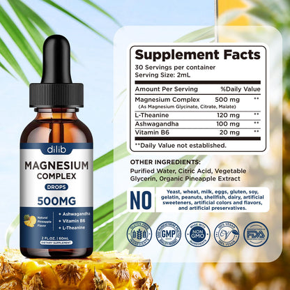 Triple Magnesium Complex Supplement-Magnesium Glycinate, Citrate, Malate Liquid Drops 500mg with Ashwagandha, L-Theanine, Vitamin B6 for Calm, Stress Relief, Sleep, Muscle Support-Pineapple Flavor dilib buy supplements Au