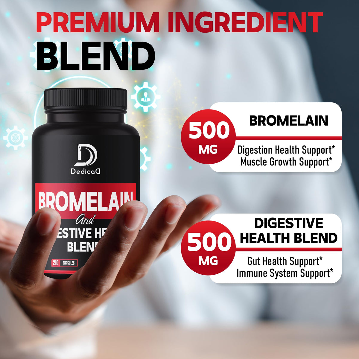DEDICAD 6in1 Bromelain 500mg Supplement - 1000mg per Serving - 210 Capsules with Digestive Health Blend as Quercetin, Ginger, Turmeric, Papaya - Support Overall Health, Digestion & Immune System DEDICAD buy supplements Au