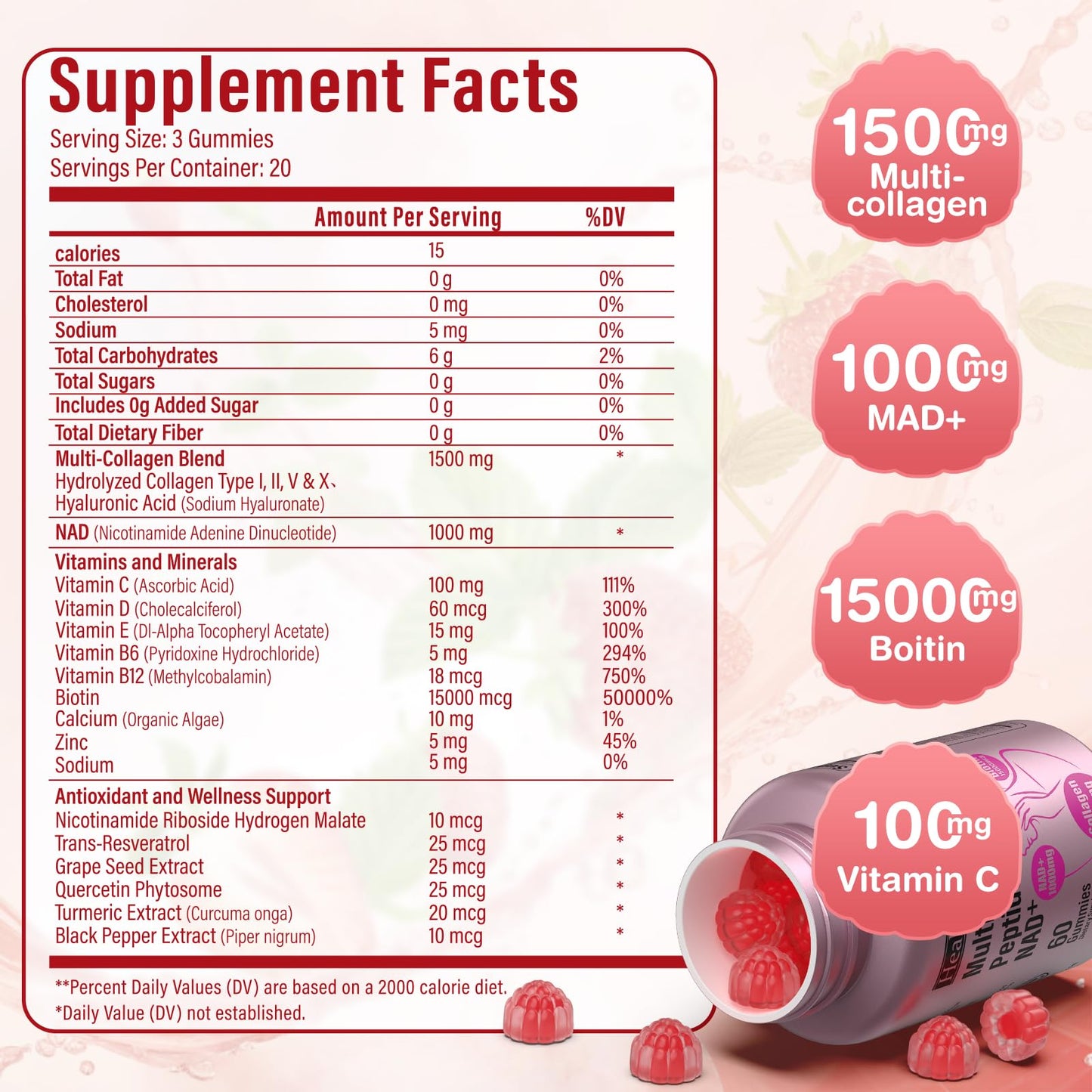 Collagen Gummies-Collagen for Women Men with 1500 mg Collagen Peptides Type I,II,III,V,X, 1000mg NAD, 15000 mcg Biotin, Daily Collagen Supplement Protein Gummies for Hair Skin Nails, Sugar Free HealthSender buy supplements Au
