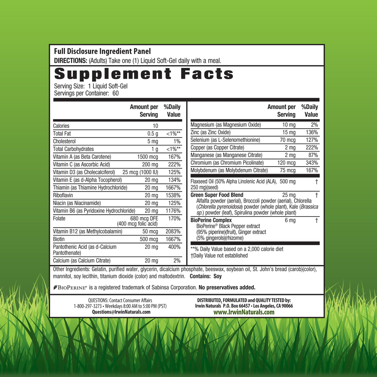 Irwin Naturals Only One Liquid-Gel Multi - 60 Liquid Softgels - No Iron Daily Essential Vitamins, Minerals, Antioxidants, Omega-3 & Green Super Foods Irwin NaturalsBuy Supplements Australia