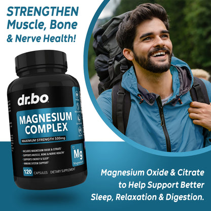 Magnesium Complex Supplement Capsules 500mg - Support Energy, Relaxation, Leg Cramps & Legs - Help Aid Muscle Support Supplements - High Absorption Premium Mag Citrate Oxide - 120 Capsules DR. BO buy supplements Au
