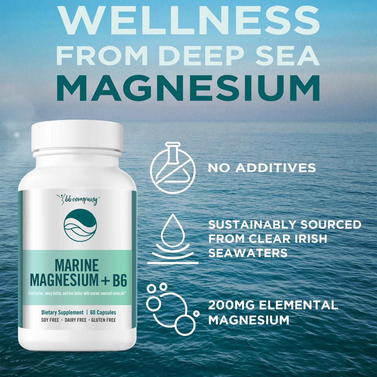 Ocean Magnesium 200mg Aquamin | More Soluble Than Magnesium Glycinate | Whole Food Mag B6 Supplement for Women | Gentle on Stomach & Vegan | Sleep Support, Calms Nerves & Leg Cramps | 60 Ct BB Company buy supplements Au