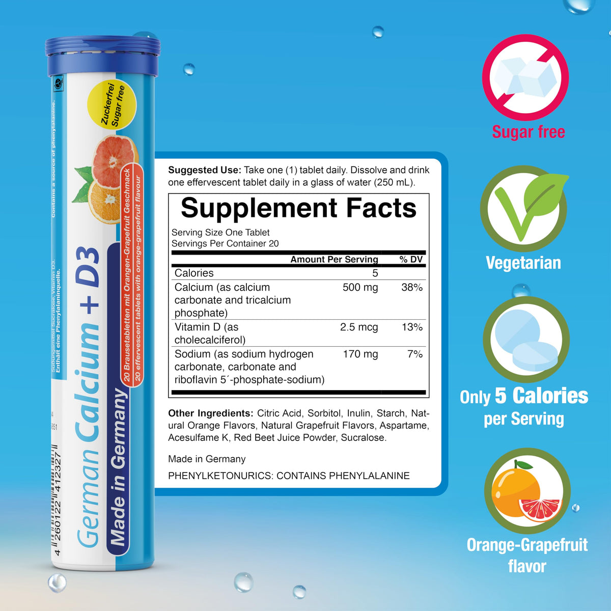 T&D German Vitamin, Minerals - 140 Vegan/Vegetarian Drink Effervescent Tablets - Mixed Fruit Flavor Box - Made in Germany T&D buy supplements Au