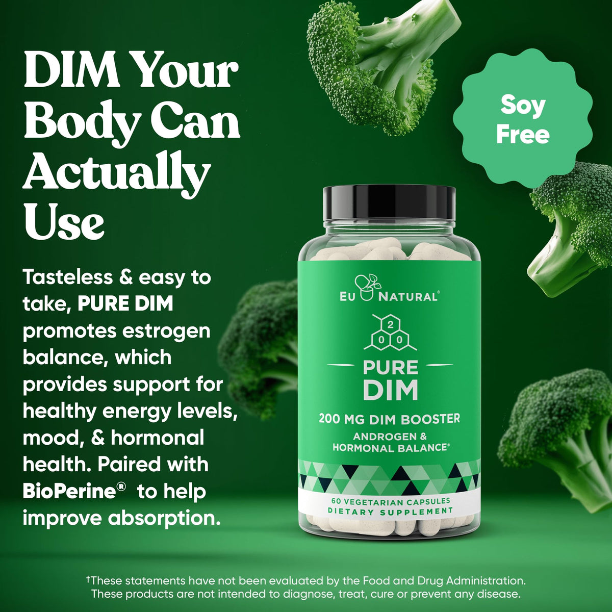 DIM Supplement Pure 200 Mg for Women or Men - Estrogen Hormone Balance Supplement for Energy, Fatigue, Stress, Menopause, Hot Flashes - Enhanced Bioavailability BioPerine - 60 Vegan Soft Capsules Eu Natural buy supplements Au