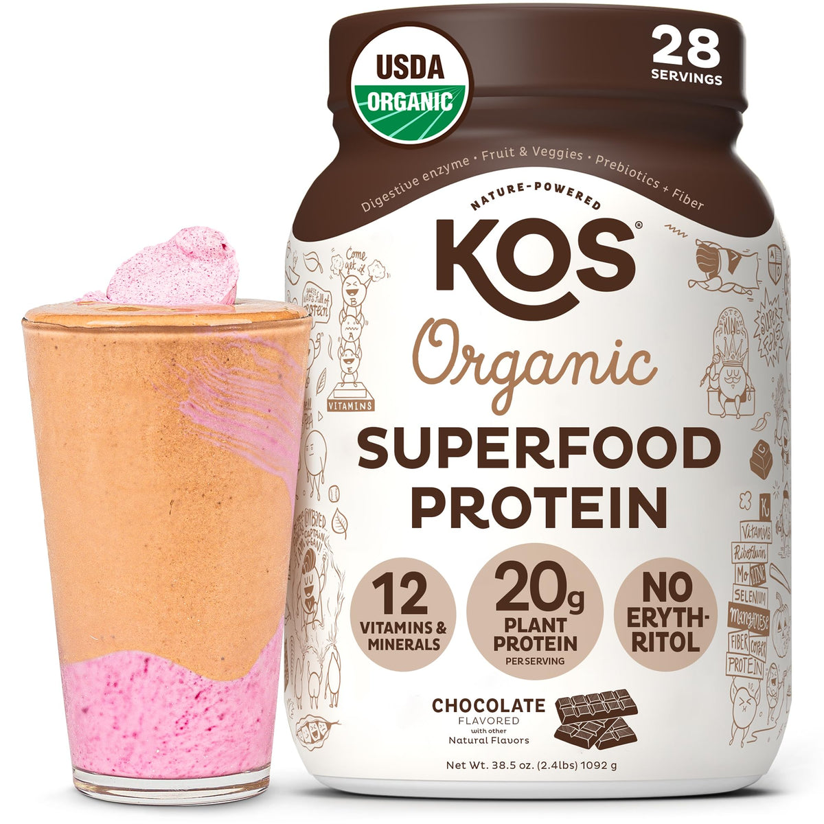KOS Vegan Protein Powder Erythritol Free, Chocolate - Organic Pea Protein Blend, Plant Based Superfood Rich in Vitamins & Minerals - Keto, Dairy Free - Meal Replacement for Women & Men, 28 Servings KOS buy supplements Au