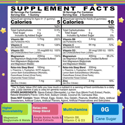 Magnesium Glycinate Gummies for Adults & Kids 4+, Sugar Free Magnesium Bisglycinate Supplement 400/200mg with B6D3, 5HTP, L-Theanine for Sleep & Relaxation