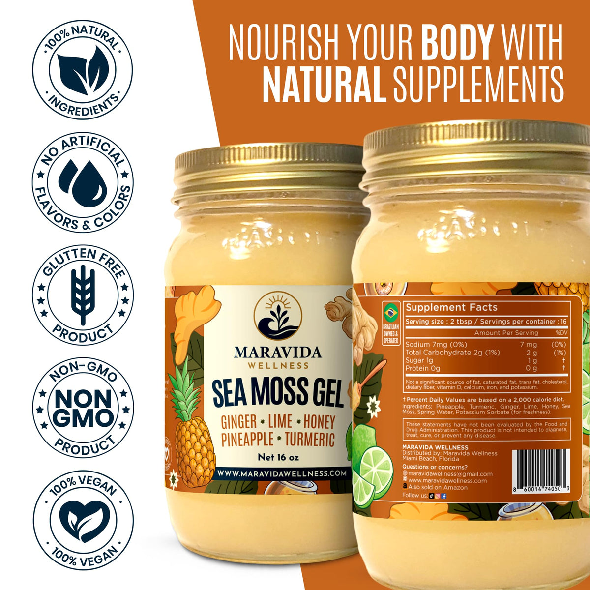 Maravida Wellness Sea Moss Gel – Pineapple, Lime, Honey, Ginger & Turmeric – 100% Natural Raw Organic Irish Moss – 16oz Jar – Premium Superfood for Everyday Wellness Maravida WellnessBuy Supplements Australia