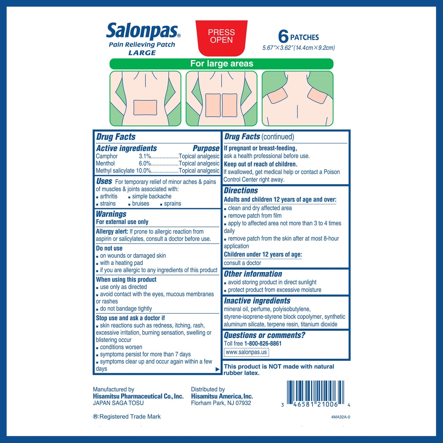 Salonpas Pain Relieving Patch, Large, 6 Count, for Back, Neck, Shoulder, Knee Pain and Muscle Soreness, 8 Hour Pain Relief Salonpas buy supplements Au