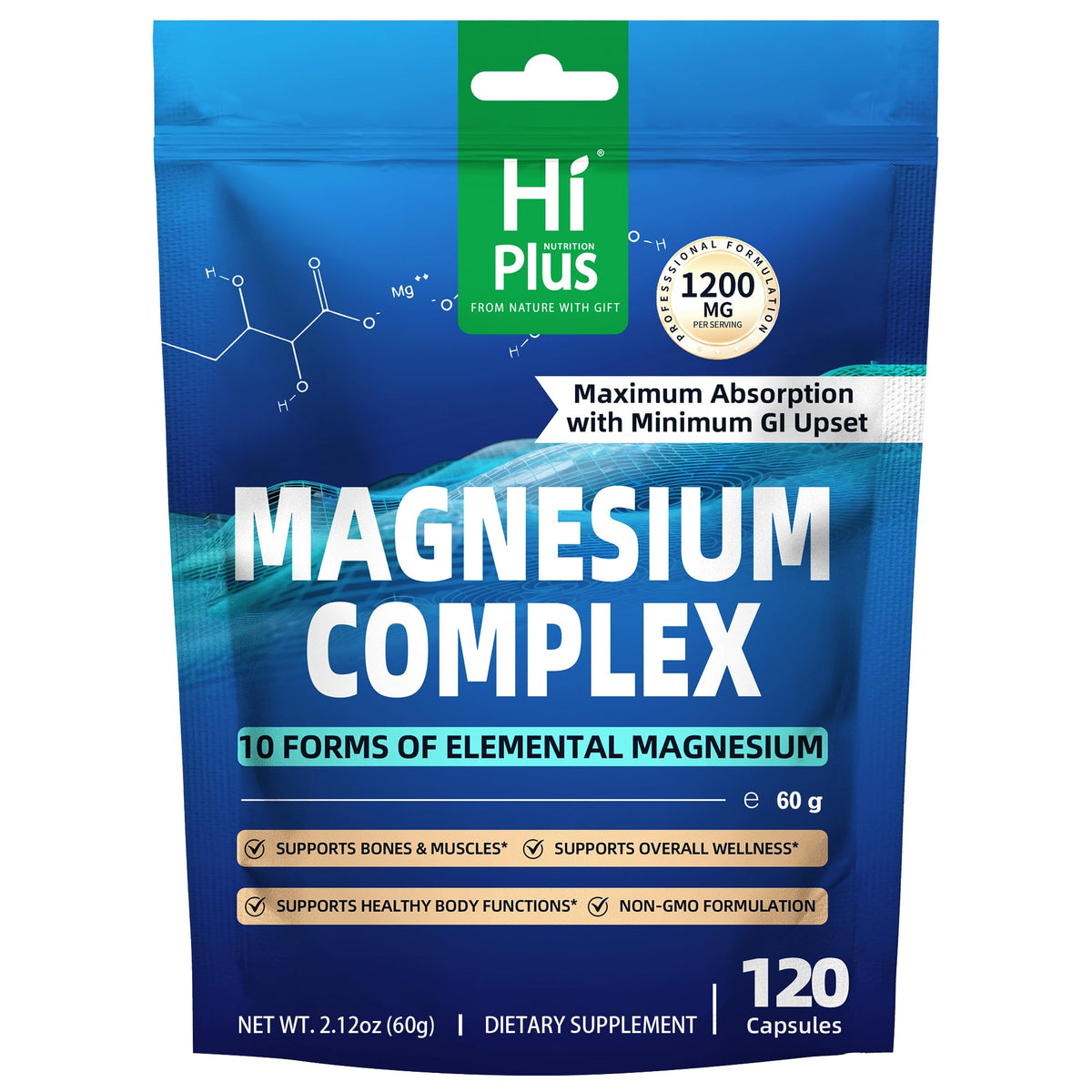 Package of Hi Plus Magnesium Complex dietary supplement on a white background
