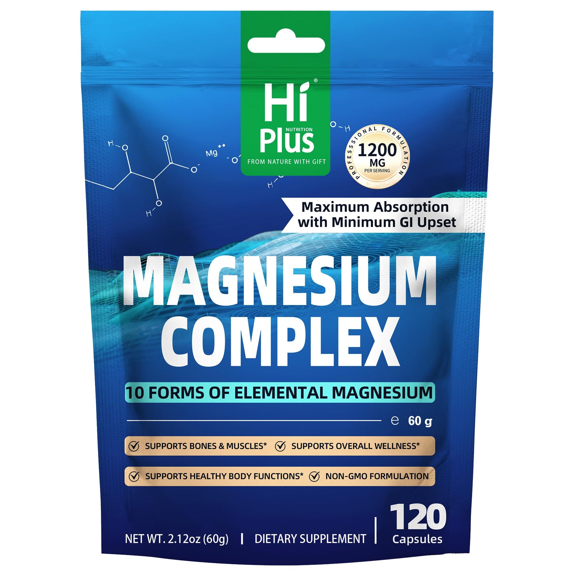 Package of Hi Plus Magnesium Complex dietary supplement on a white background