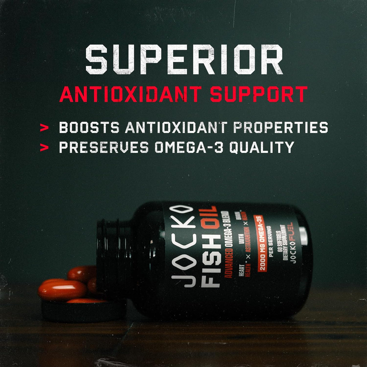 Jocko Fuel Omega 3 Fish Oil Supplement 2000mg - Burpless Fatty Acid Supplement, Wild Caught, Powerful Antioxidant with Astaxanthin (60 Capsules)