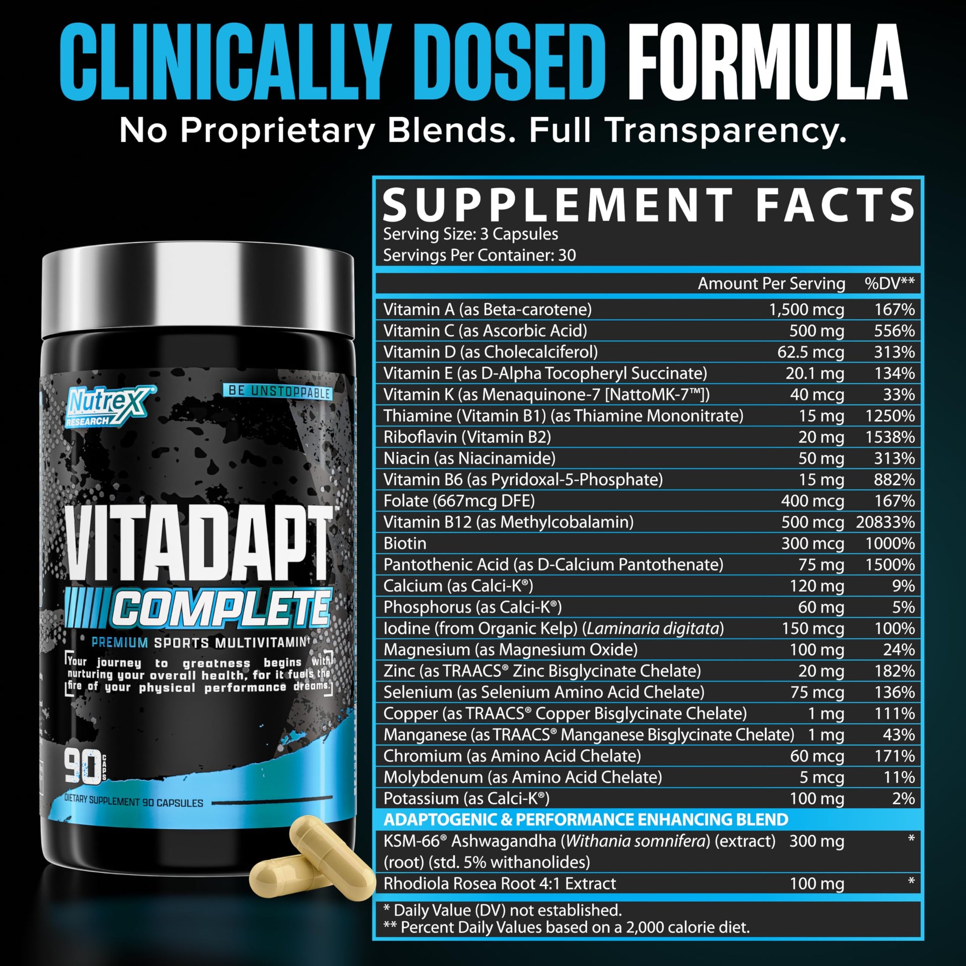 Nutrex Research Vitadapt Complete Sports Multivitamin for Men - 24 Vitamins, KSM-66 Ashwagandha and Minerals for Athletes - Mens Multivitamin (90 Capsules) Nutrex Research buy supplements Au