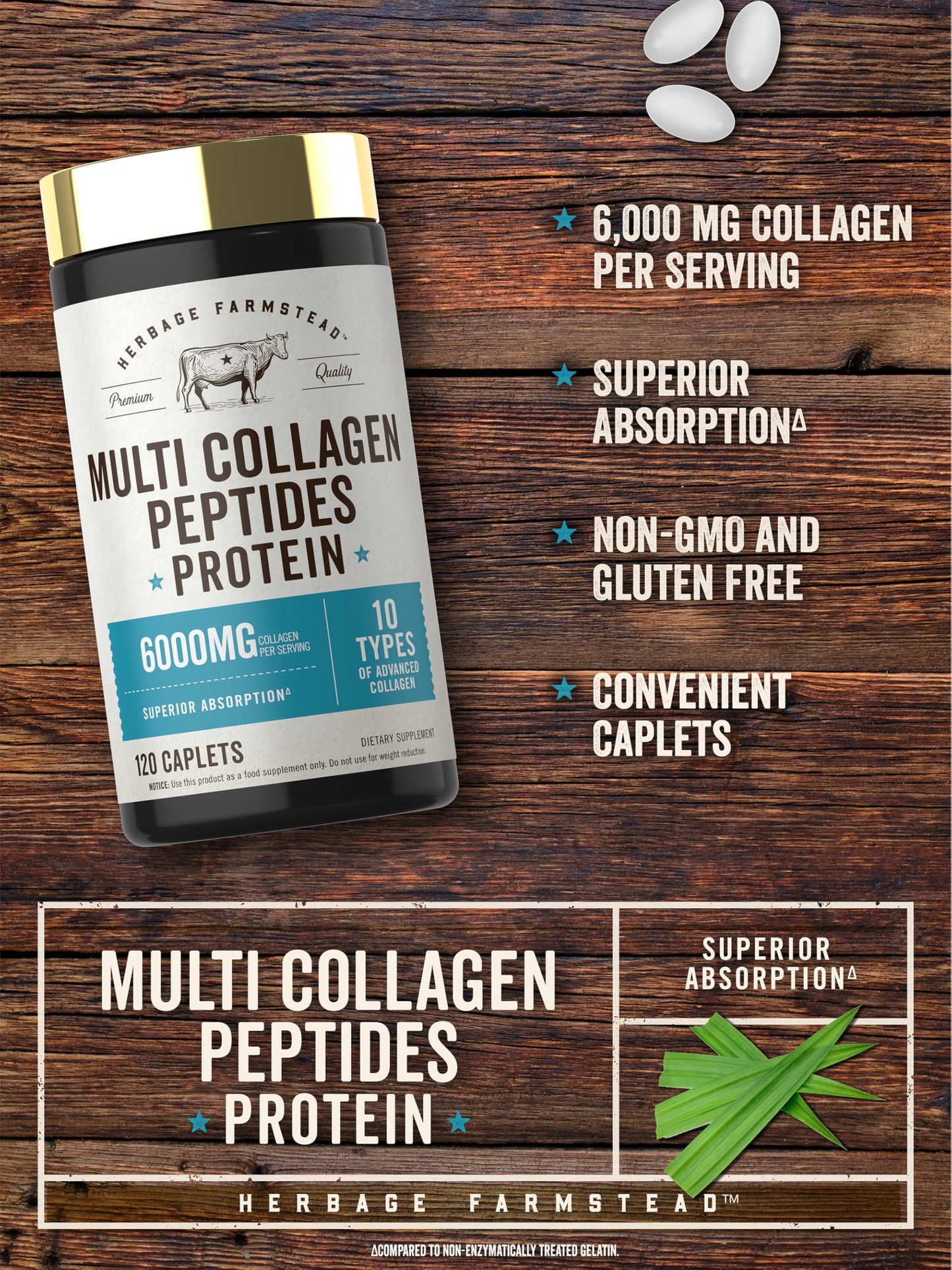 Carlyle Multi Collagen Peptides 6000mg | 120 Caplets | 10 Types of Advanced Collagen with Protein | Non-GMO, Gluten Free Supplement | by Herbage Farmstead