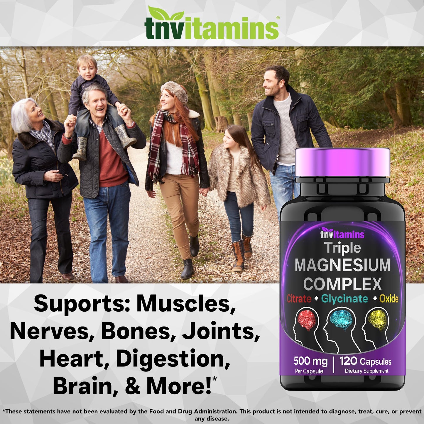 Triple Magnesium Complex Supplement 500mg: Magnesium Glycinate, Citrate, & Oxide - 120 Capsules (4 Month Supply!) | 1 Capsule Serving Provides 125% Daily Value | Non-GMO, Made in The USA! tnvitamins buy supplements Au