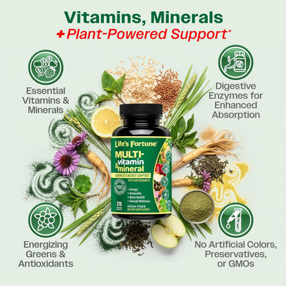 Life's Fortune Whole Food Multivitamin & Mineral Supplement for Men & Women – Energy Support Vitamins for Immune, Brain & Metabolism Support – Iron Free, 270 Vegetarian Tablets