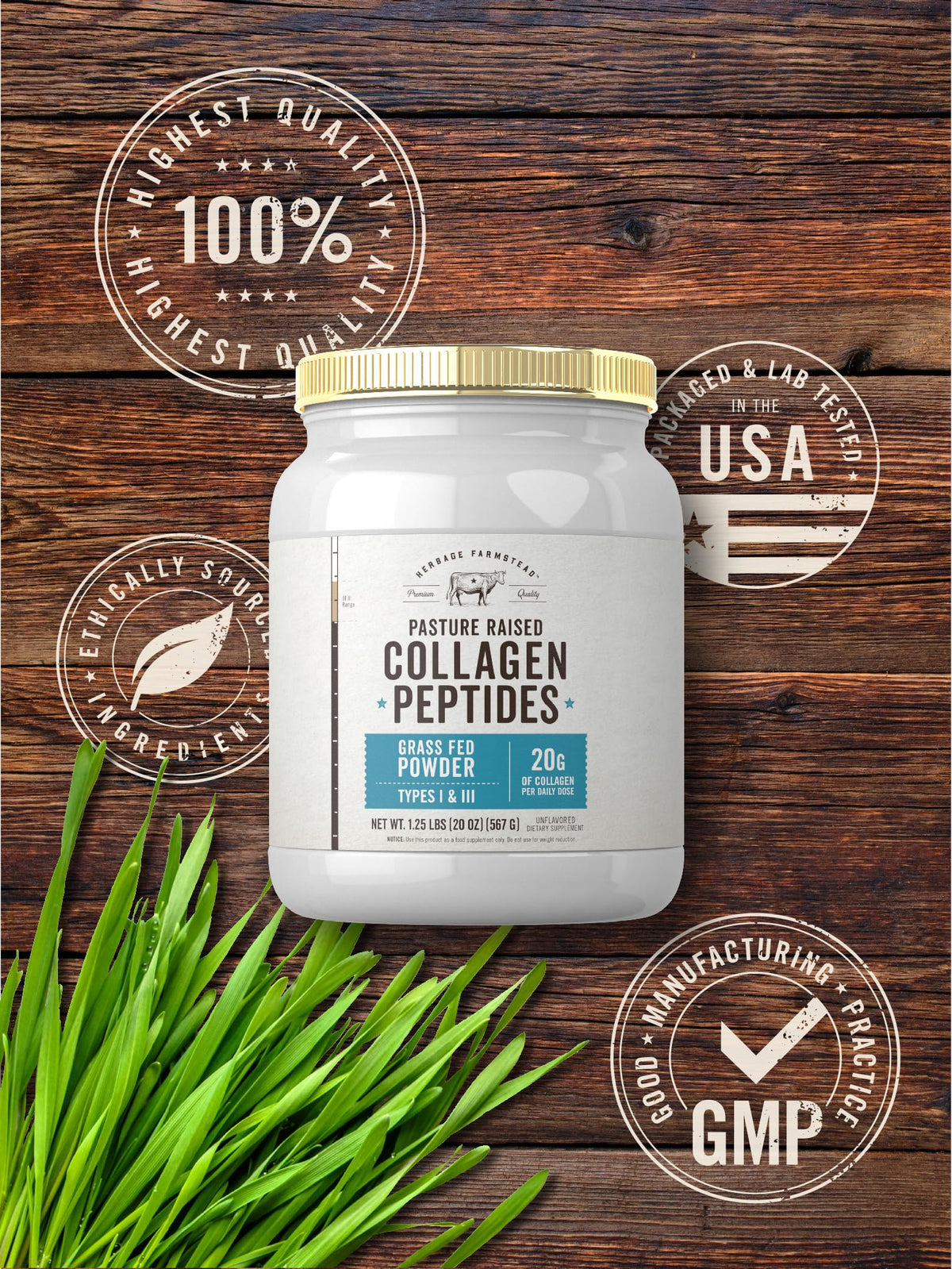 Carlyle Grass Fed Collagen Peptides Powder 20oz | Unflavored | Pasture Raised | Types I & III | 20g of Collagen Per Daily Dose | Non-GMO, Gluten Free | by Herbage Farmstead Carlyle buy supplements Au