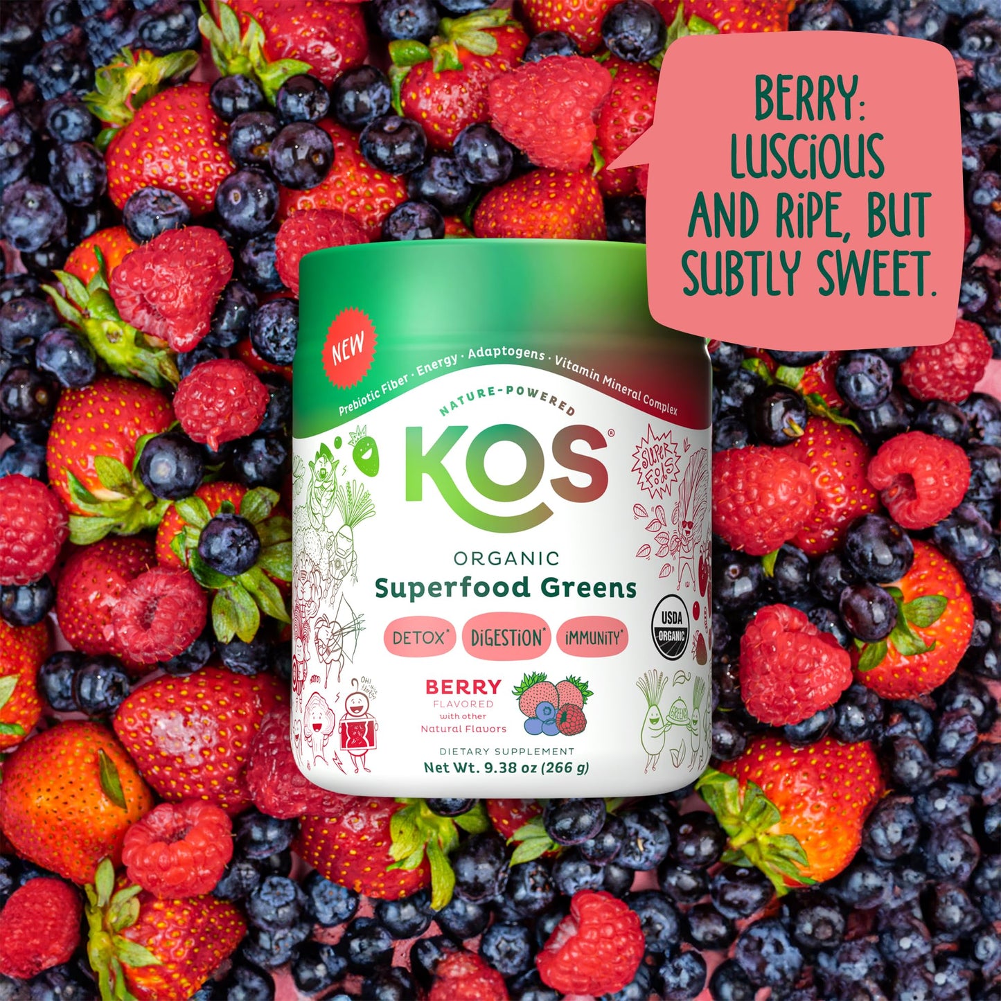 KOS Organic Superfood Greens Powder - Gut Health from Prebiotic Fiber, Supergreens and Adaptogens - USDA Certified Organic, Made in a GMP Certified Facility - 28 Servings Berry KOS buy supplements Au