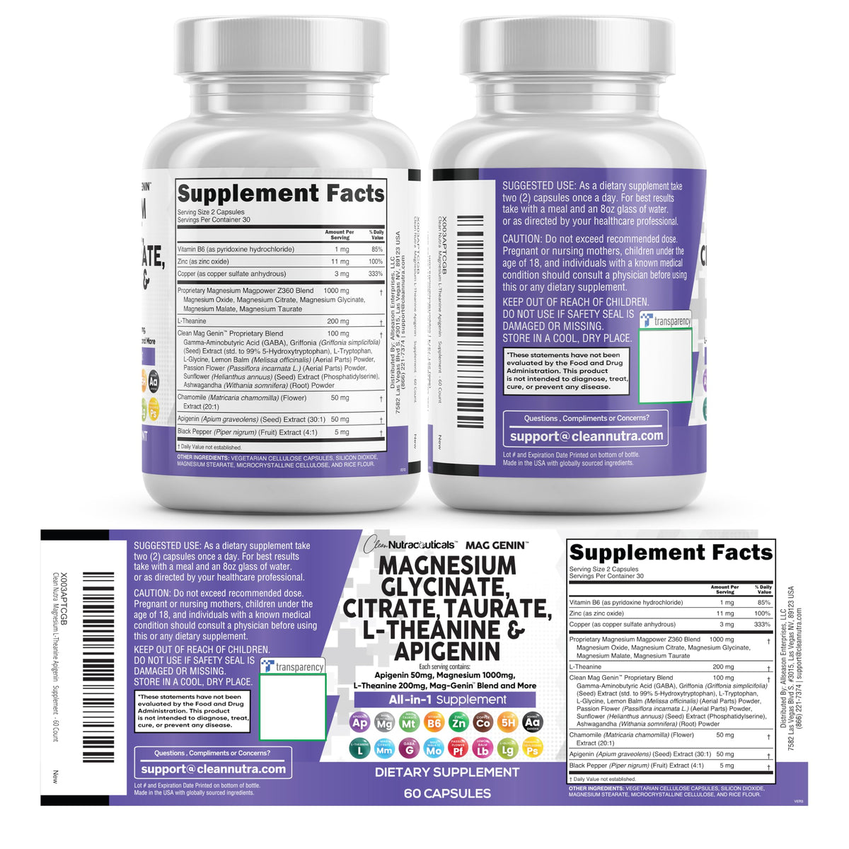 Clean Nutraceuticals Magnesium Glycinate Complex 1000mg with L-Theanine 200mg Apigenin 50mg Citrate Taurate Supplement - 5-HTP GABA Passion Flower Lemon Balm L-Glycine Phosphatidylserine - 60 Count Clean NutraceuticalsBuy Supplements Australia