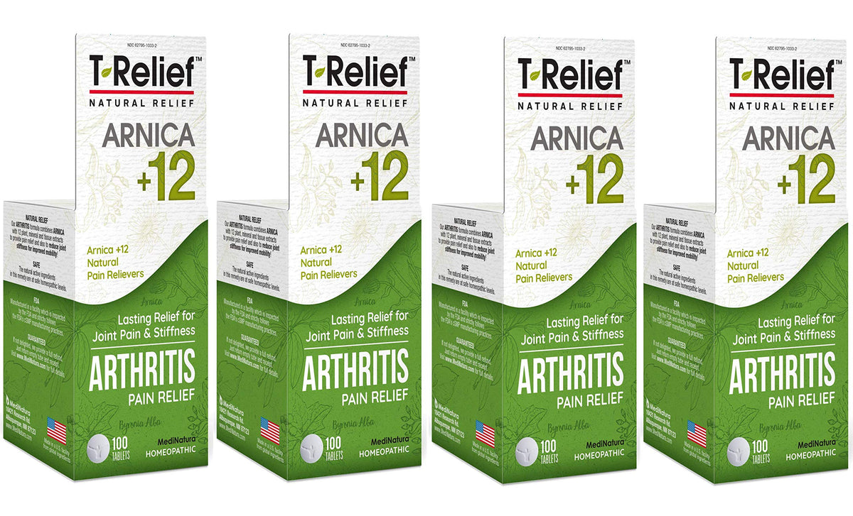 MediNatura T-Relief Extra Strength Arthritis Pain Reliever Arnica +12 Natural Medicines for Joint Soreness Stiffness Aches, Quick Dissolving Pain Relief for Women & Men - 100 Tablets (4 Pack) MediNaturaBuy Supplements Australia