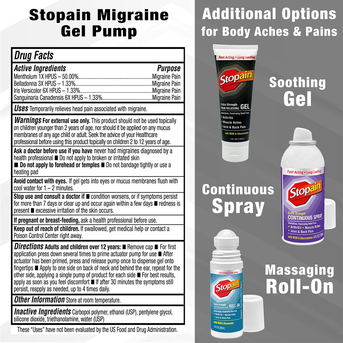 Stopain Migraine Pain Relief Gel Pump, 1.62oz, USA Made, Max Strength Fast Acting Research Proven Topical Effective at Any Stage, No Known Side Effects or Drug Interactions, HSA FSA Approved Products StopainBuy Supplements Australia