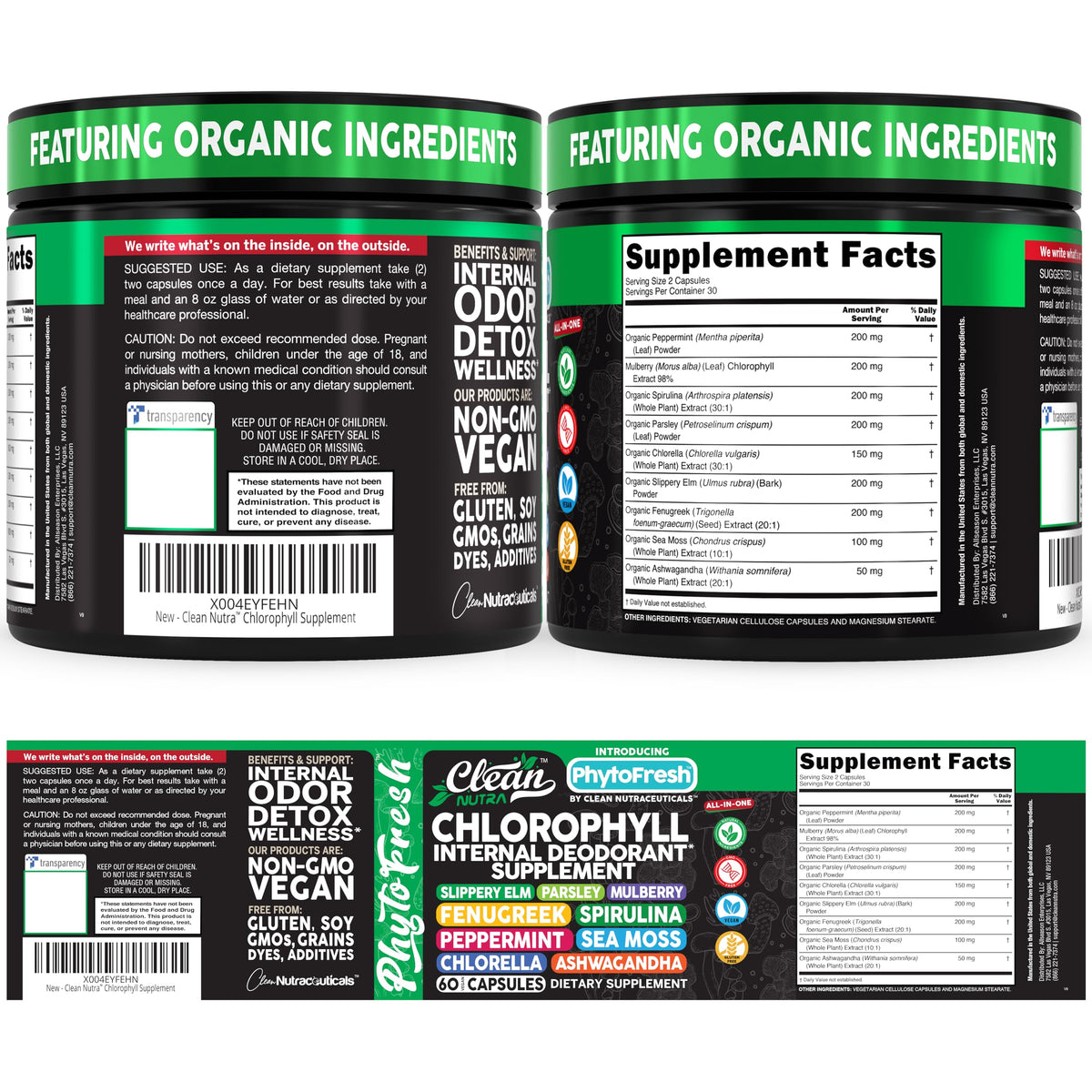 Clean Nutra Chlorophyll Capsules Supplement Internal Deodorant Peppermint, Sea Moss, Parsley, Chlorella, Spirulina, Slippery Elm, Ashwagandha, PhytoFresh Greens Detox Pills Clean NutraceuticalsBuy Supplements Australia