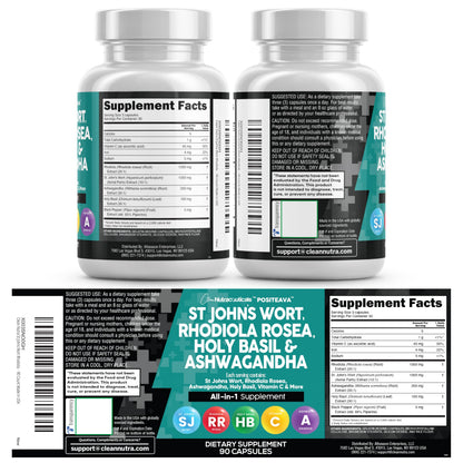 Clean Nutraceuticals St Johns Wort Rhodiola Rosea Holy Basil Ashwagandha - Mood Support for Women and Men with Vitamin C & Black Pepper Extract - 90 Caps