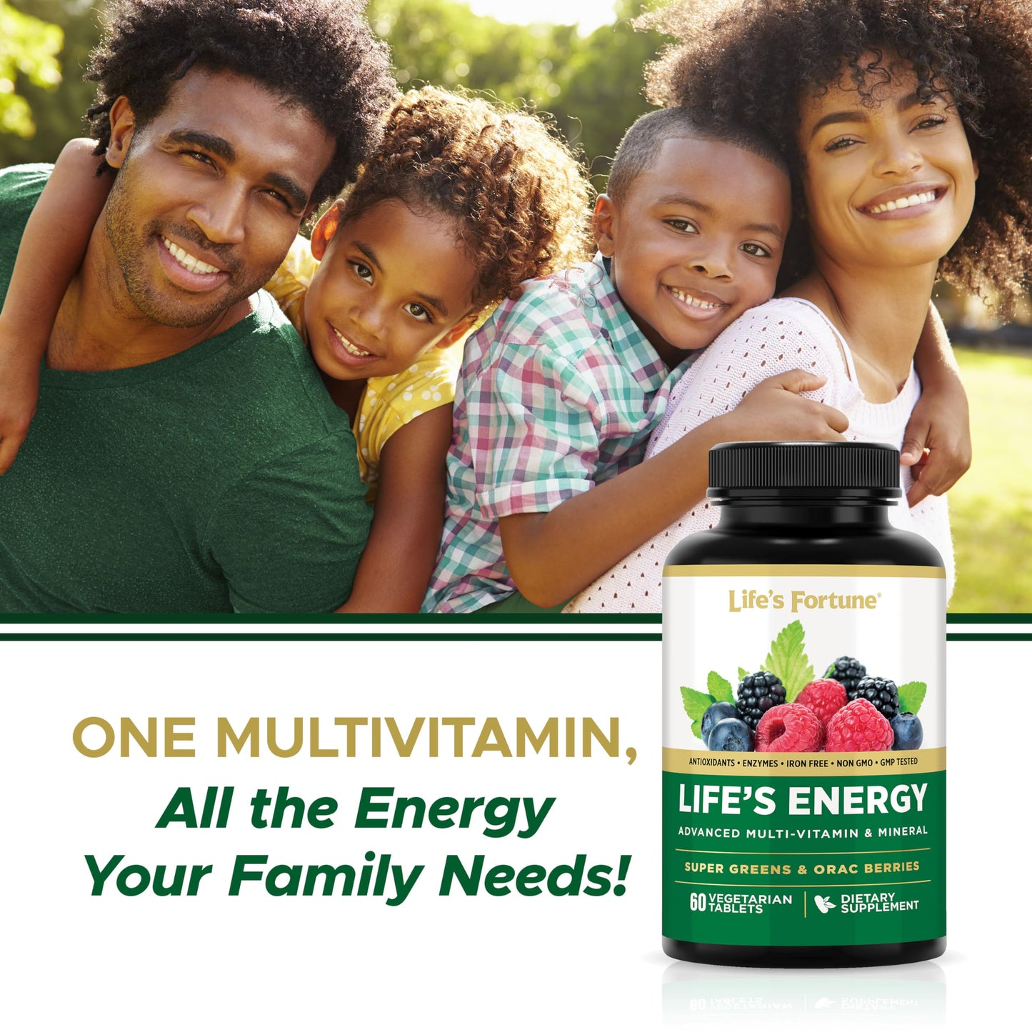 Life's Energy Advanced Daily Multivitamin for Men & Women, Energy & Immune Support Supplement with Super Greens - Antioxidants & Enzymes - Iron Free, Vegetarian, 120 Tablets by Life's Fortune