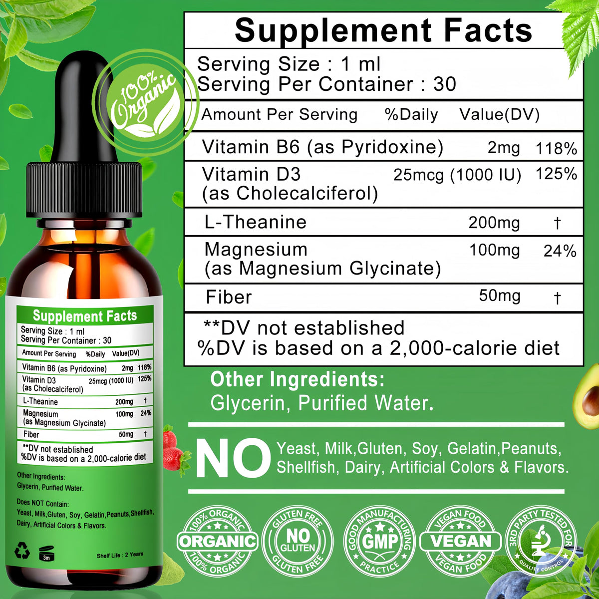 L Theanine Drops, Liquid L-Theanine Supplement 200mg w/Magnesium Glycinate,Vitamins,Fiber for Relaxation,Sleep,Digestion, Calm,High Absorption Mood Support for Adults & Kids,Plant Based,Non-GMO Vita letuoBuy Supplements Australia