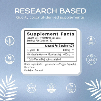 Natural Cure Labs L-Lysine with Monolaurin 600mg 1:1 Ratio, 2 Pack, 200 Capsules Natural Cure Labs buy supplements Au