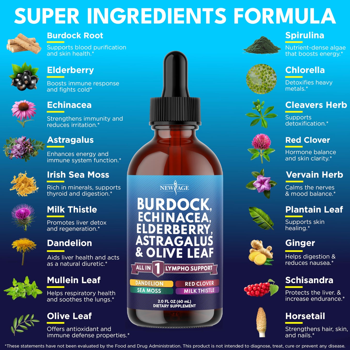 NEW AGE Lymphatic Drainage Supplement - Burdock Lymphatic Support Drops - Burdock Root, Mullein, Echinacea, Elderberry, Dandelion, Astragalus, Milk Thistle, Red Clover - 4 oz NEW AGE buy supplements Au