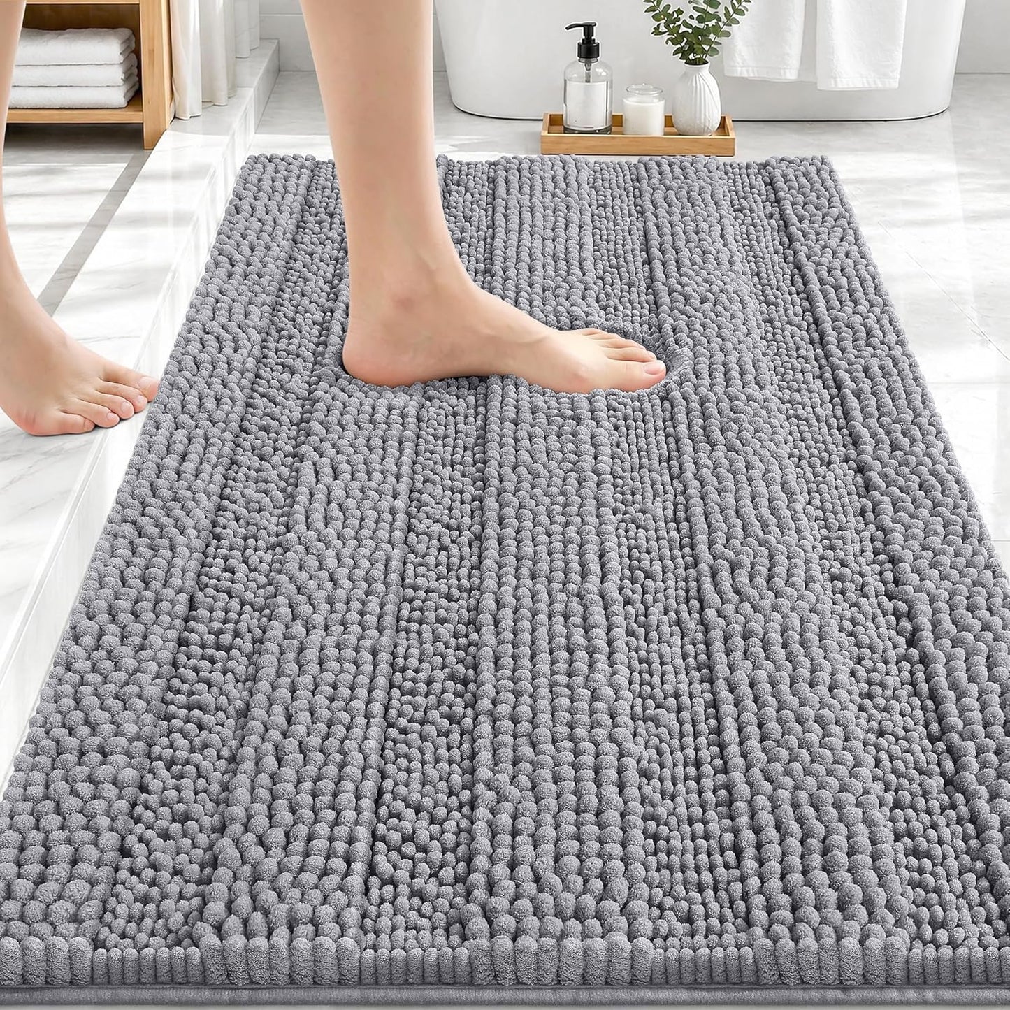 OLANLY Thick Bathroom Rugs 30x20, Extra Soft Absorbent Chenille Striped Bath Rugs,