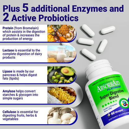 AbsorbAid Platinum Digestive Enzyme Support 60 vCaps, 12 Digestive Enzymes Plus 2 Probiotics for Maximum Relief - PrimeBioHealth - canada supplements